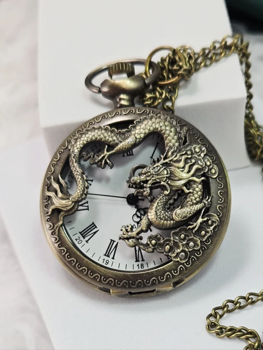 Chinese Dragon Pocket Watch Necklace Bronze Roman Numeral Lucky Steampunk DND